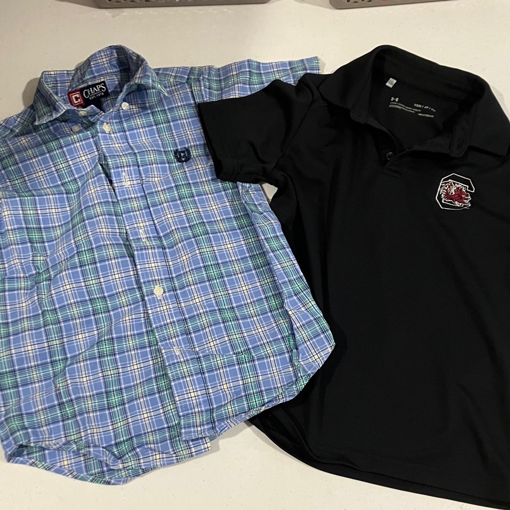 Blue Plaid Button-Up Shirt and Black Polo Shirt